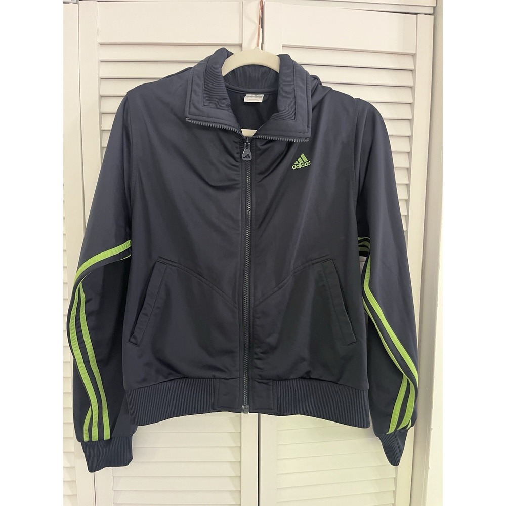 Adidas Retro Track Jacket Navy Blue Women Sz Med Embroidered Logo Stripes Green